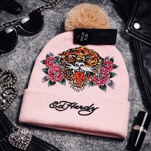 Ed Hardy Pink Tiger Rhinestone Beanie Faux Fur Pom Hat NWT